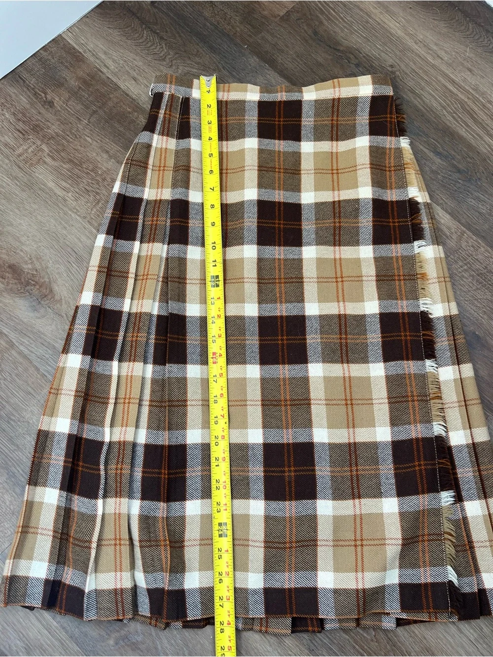 Vintage Scottish Pure Wool Plaid Pleated Midi Skirt Brown Tartan Side Buckle S